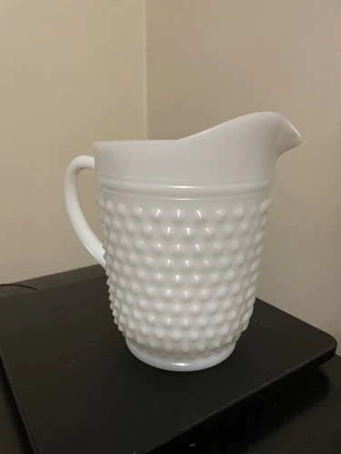 Hobnail Milk Glass Pitcher Large White Milk Glass 64 oz 2 qt 8" Tall Vintage