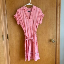 Talbots Linen Shirt Dress Womens Small Coral Pink Striped Hem Belted V-Neck