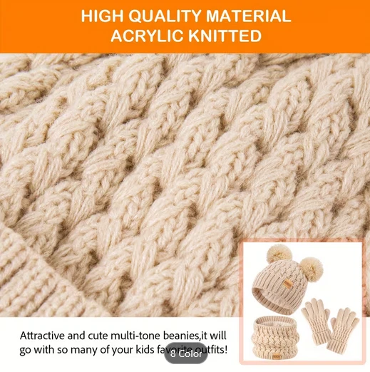 Conjunto de sombrero cálido tejido de invierno para niños y niñas, forro polar suave Foto 4 de 4