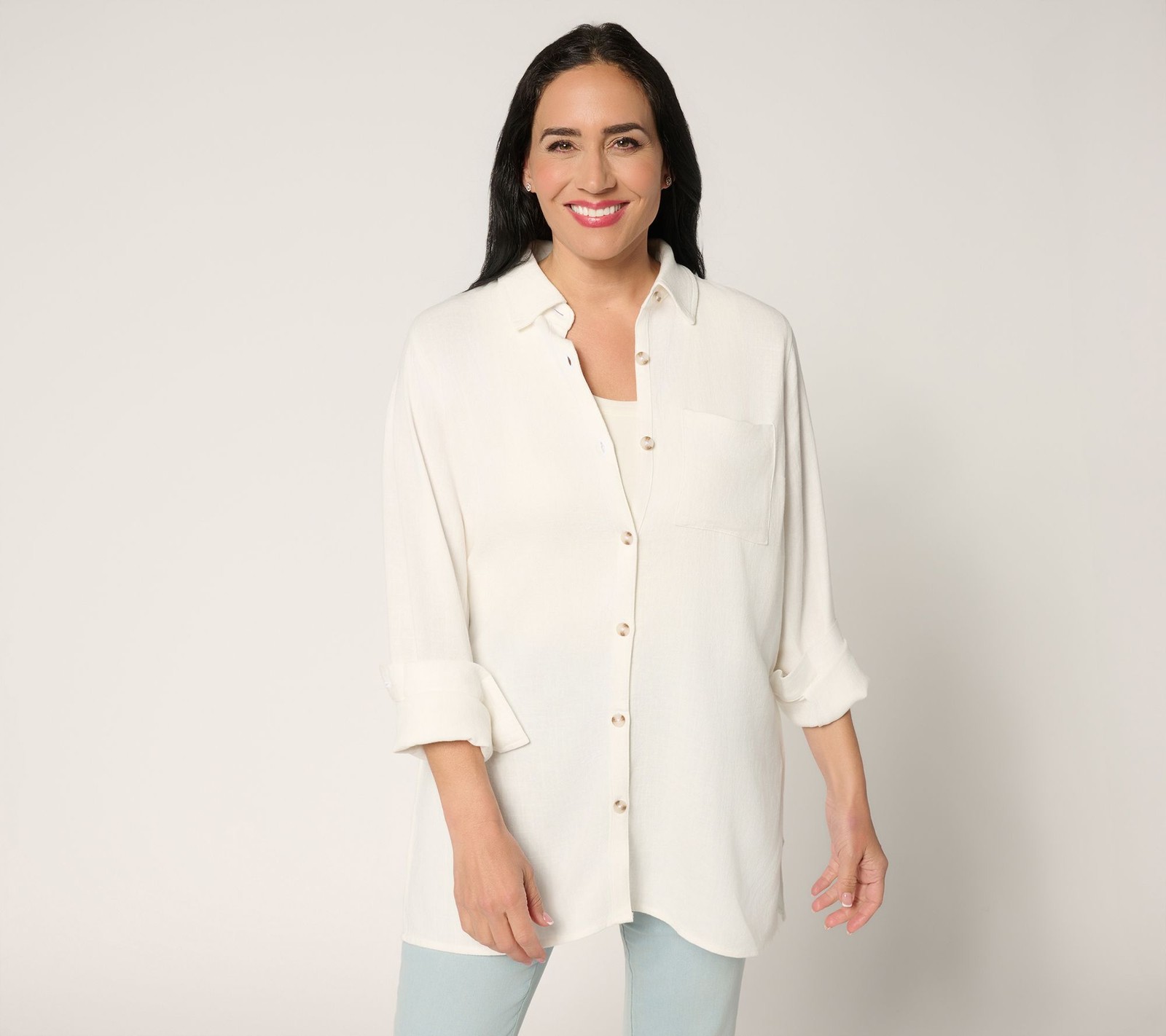 Fashion Women's Top Sz L Riviera Linen Button Up Big Shirt White A691840