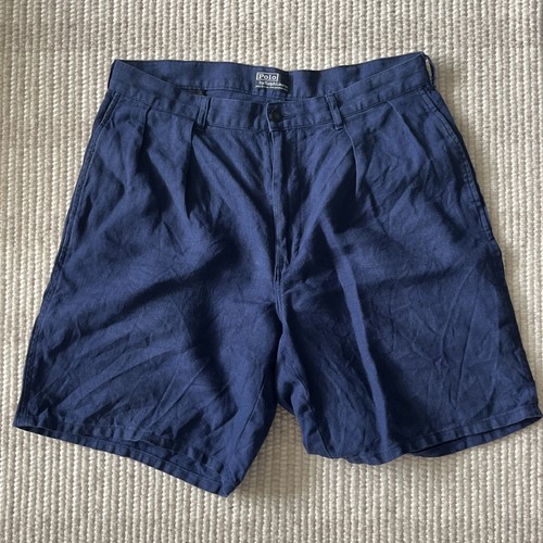 VTG Polo Ralph Lauren Linen Pleated Shorts Mens 34 Navy Made in USA 80s EUC