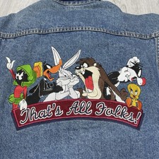 VTG 90s Warner Brothers Looney Tunes Thats All Folks Embroidered Denim Jacket S