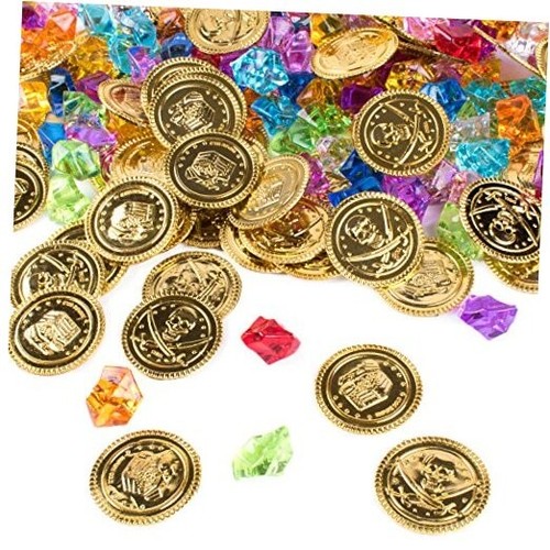 240 Piece Pirate Treasure Set Gems and Plastic Golden Coins Theme Party Favor