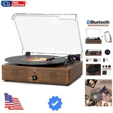 Vintage Wooden Record Player with Bluetooth 3-Speed Belt-Driven Turntable Bui...