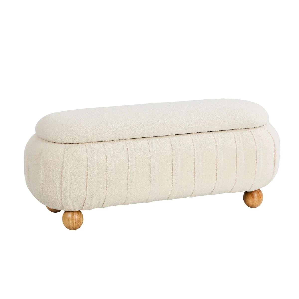 Oikiture 103cm Teddy Boucle Storage Ottoman Oval Bench Chest Ball Legs Beige
