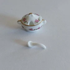 Vtg Reutter Porcelain Soup Tureen Ladle Gold Trim Floral Dollhouse 0.75"
