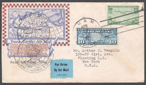 1937 Guam to Hong Kong First Flight FDC First Day Cover Trans Pacific Air Mail