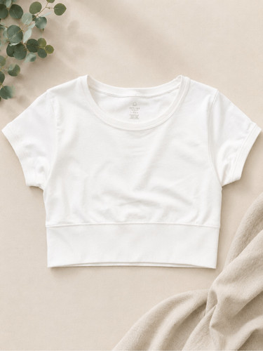 OFFLINE by Aerie White Cropped Short Sleeve Ribbed Hem Top Size Small