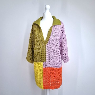 Zara Häkel Tunika Pullover Oversize Poloshirt Small Granny Square Boho Strick