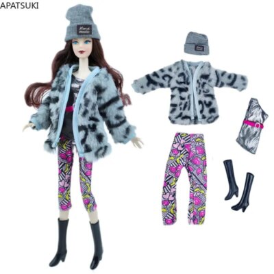 Graues Leoparden-Kleidungsset für Barbie-Puppe Mantel Oberteil Hose Hut Stiefel