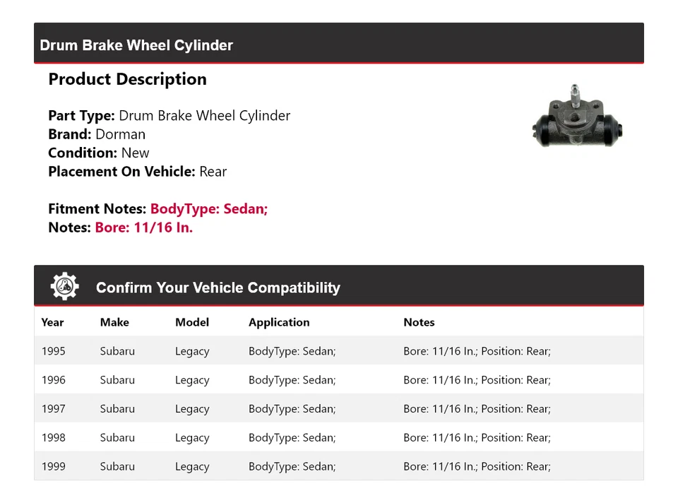 Cilindro de rueda de freno de tambor trasero 1996 para Subaru Legacy Sedán Dorman 1995-1999 Foto 2 de 3