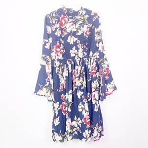 navy floral long sleeve pleated midi dress