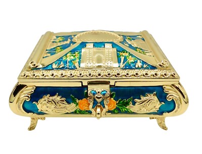 Trinket Jewelry Box Metal Gold Blue Orange Flower Heavy Footed Hinged Lid