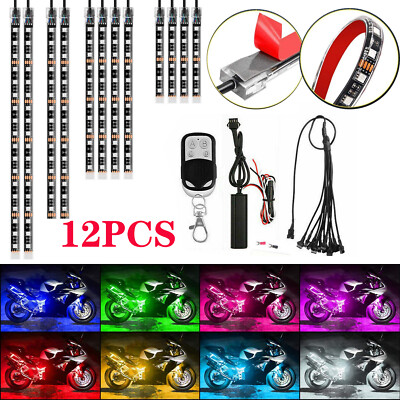 12PCS RGB Motorcycle LED Light Accent Glow Neon Strip with Remote Control Kit