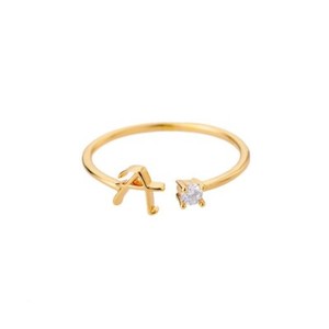 Authentic 18K Gold Plated 26 Capital Zircon Letter Adjustable Open Finger Ring Women