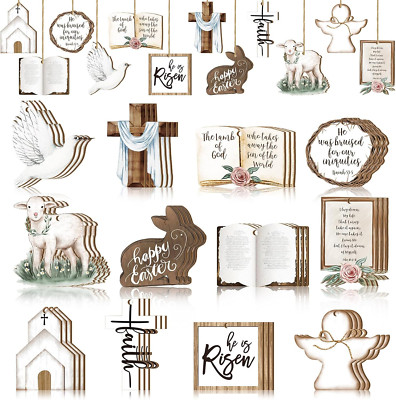 36 Pcs Easter Decorations He Is Risen Ornament Rustic Christian Wooden Hanging D