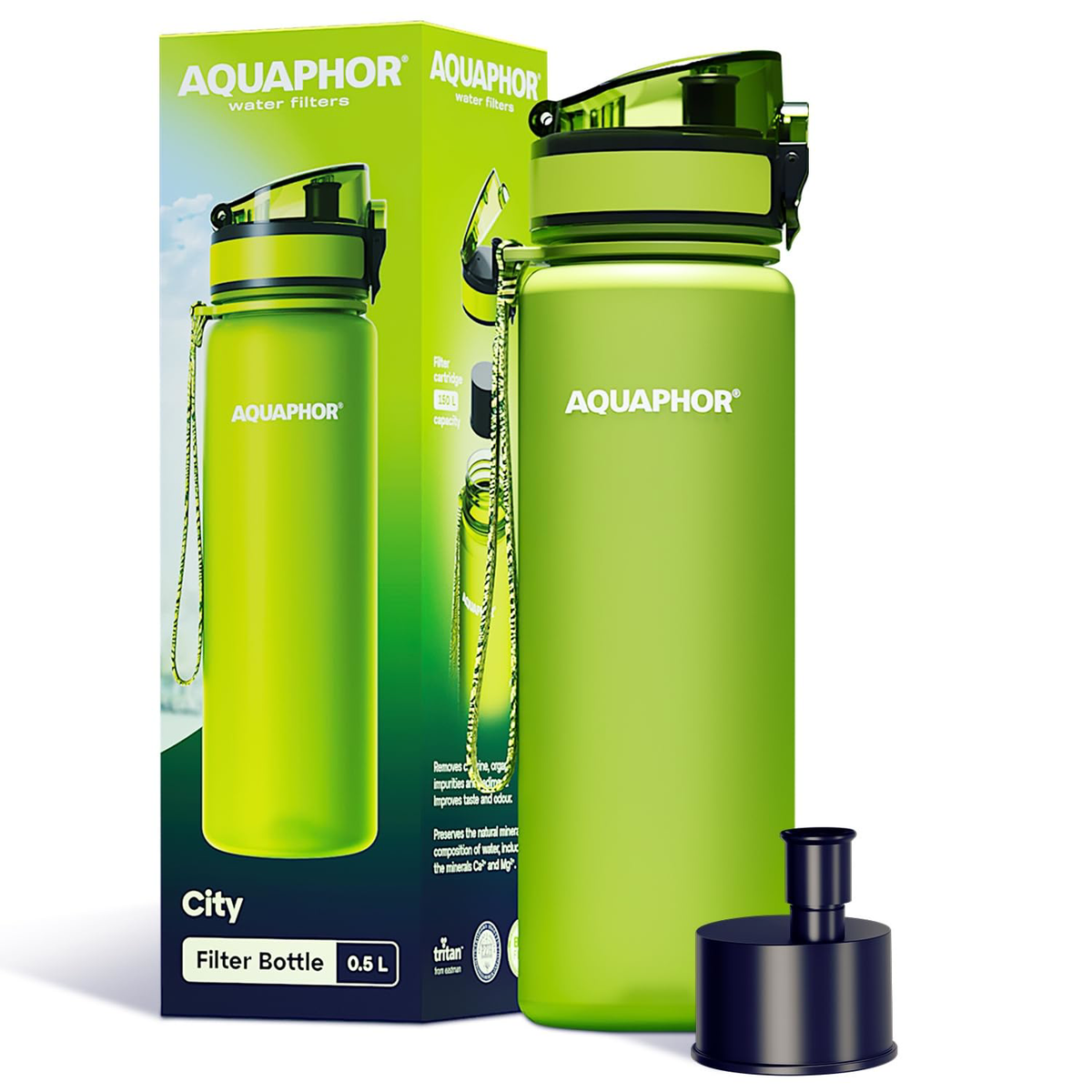 AQUAPHOR City Bottle 500ml Green Travel Water Bottle with Activated  Carbon