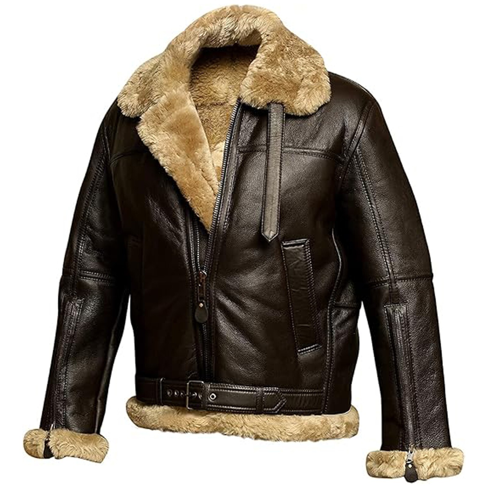 Men's RAF Shearling Leather Bomber Jacket Real Sheepskin Aviator WW2 Flight Coat image 3