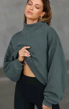 Joah Brown Turtleneck Mockneck Split Collar Sweatshirt S/M Oversize French Terry