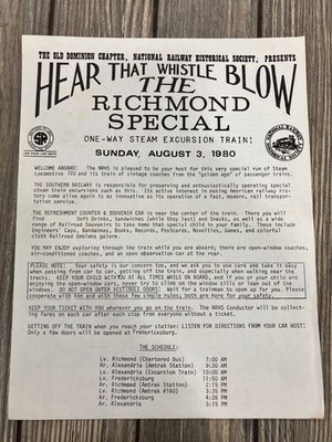 Hear That Whistle Blow Richmond Special Steam Train Excursion Flyer August 3 198