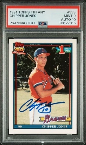 1991 TOPPS TIFFANY #333 CHIPPER JONES PSA 9  10 AUTO GEM MINT DNA POP 9 RC HOF