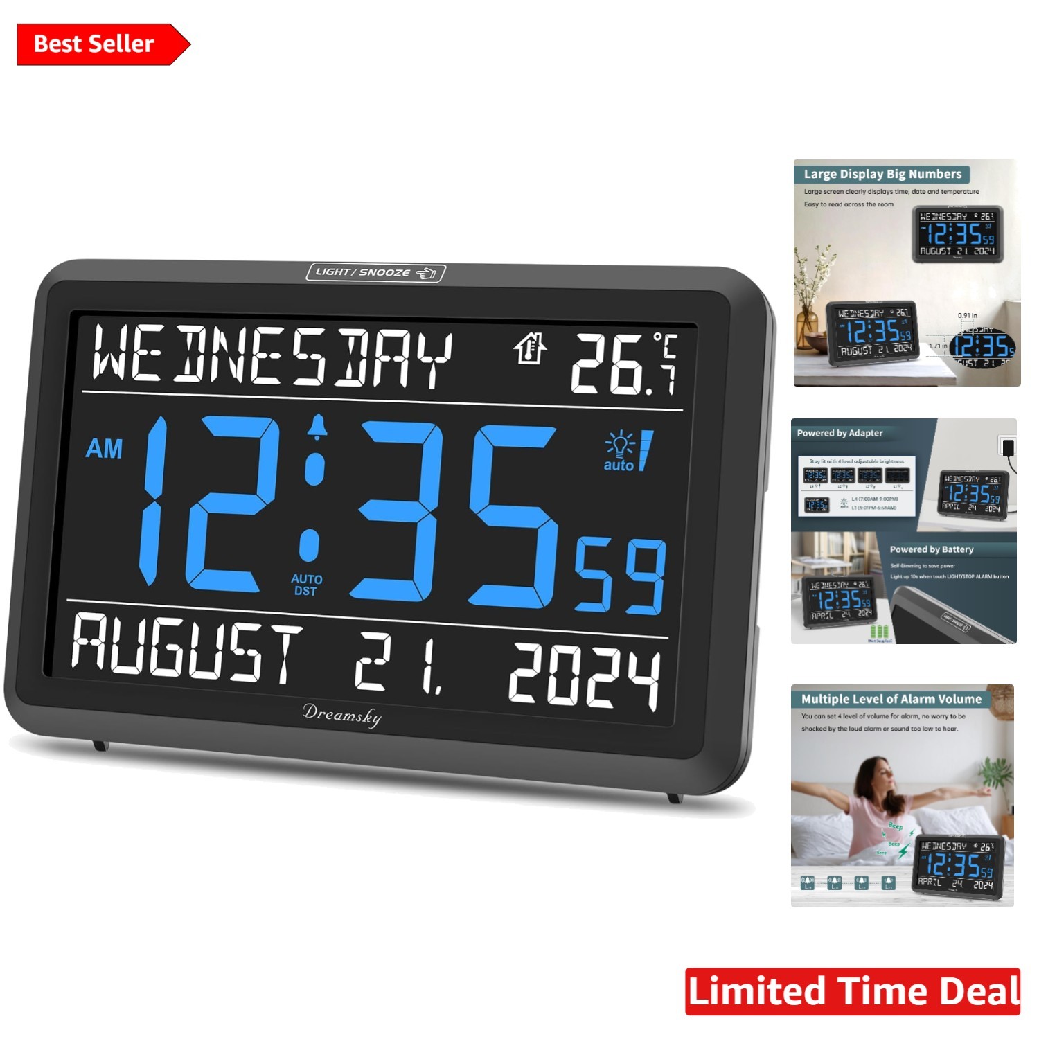 Modern Large Display Alarm Clock with Date, USB Port & Dimmable Brightness