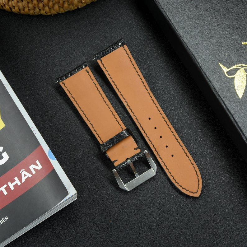 Real Hand-stitched Black Ostrich Leather Watch Band Custom Watch Strap Buckle