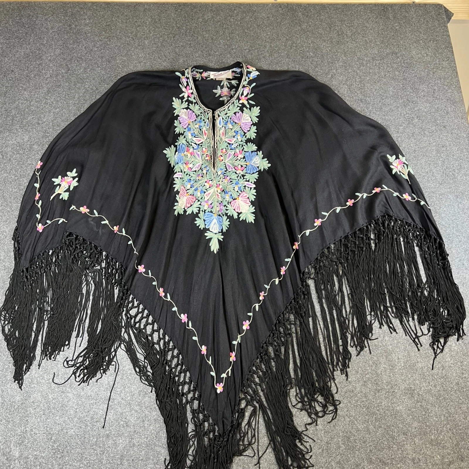 Sterling Styles Black Floral Embroidered Fringe Poncho One Size Rayon India Boho