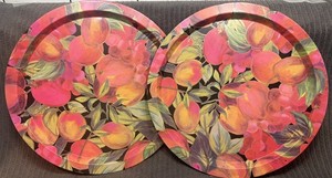 Vtg MCM 2 Black & Pink Fruit Metal Tin Serving Trays Floral Dish Decor 13” X 1”