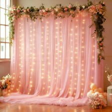10x10 FT Pink Wrinkle Free Backdrop Curtains Lights String Photo Decorations