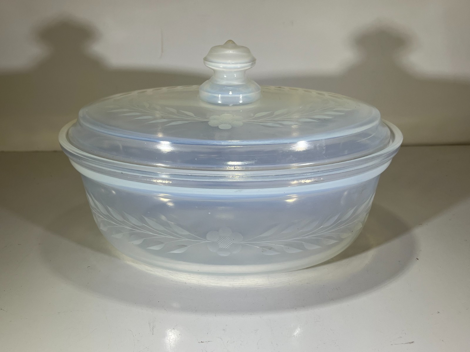 Vintage Fry Oven Glass Opalescent Oval Covered Etched Casserole Dish Mold 1938-8