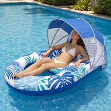 Inflatable Pool Float For Adults With Canopy Adjustable Sun Shade Drink Holder
