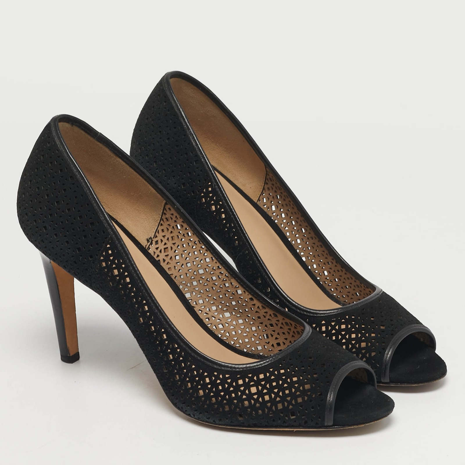 Tory Burch Elinor 90 mm Size 40 Black Laser Cut Suede Peep Toe Pumps thumbnail 4