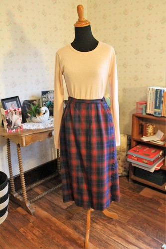 Guy Laroche, Vintage 1960s Guy LAROCHE Red Tartan Plaid Wool Midi Kilt Skirt Size EU 34 (US6)