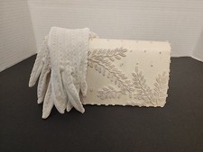 Vintage Women's Ivory Beaded Satin Purse Clutch With Elegant Gloves