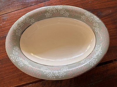 Castleton China Lace Oval Vegetable Serving Bowl Pink Gray Floral USA Vintage