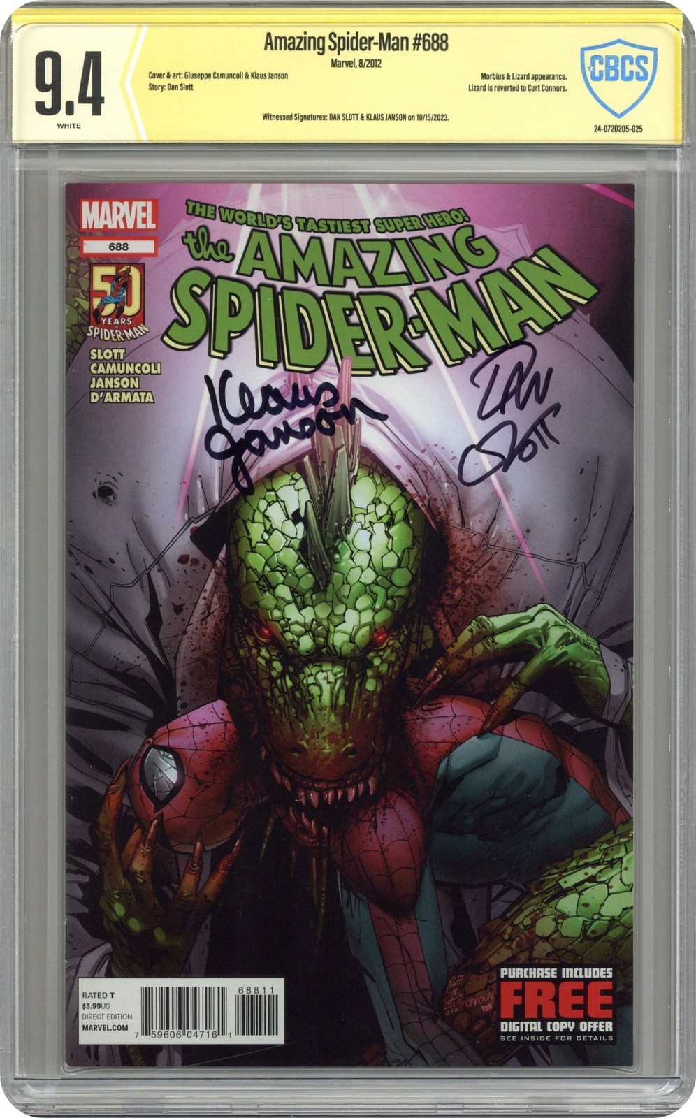 Amazing Spider-Man #688A Camuncoli CBCS 9.4 Witnessed Sig Slott/Janson 2012