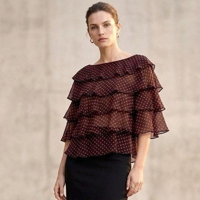 Vtg Silk Sheer Polka Dot Ruffle Off Shoulder Beaded Tiered Blouse Romantic 10