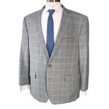 Ralph Lauren Sport Coat Blazer Mens 48R Silk Wool Jacket Windowpane Gray Blue