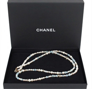 Authentic CHANEL Necklace Long Pearl Gold Plated Hardware Gold/White/Blue Women's w/Boxed