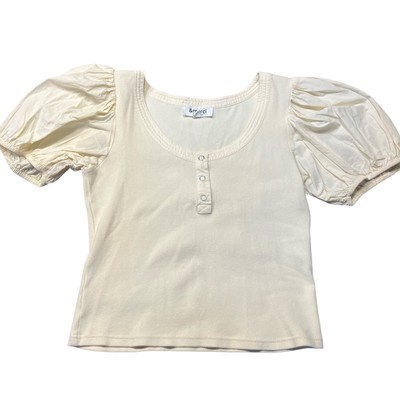 &Merci Cream Puff Sleeve Top M Henley Rib Knit Stretch Romantic Cottagecore