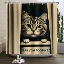 Cat Shower Curtains Cute are You Poopin' Funny Humorous Animal Whimsical Bath...