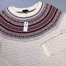 Talbots Sweater Women Petite Medium Ivory Fair Isle Crewneck Lambswool Birdseye