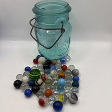 Lot Of Unique Vintage Marbles In Blue Mason Jar Some Glow- See Pics