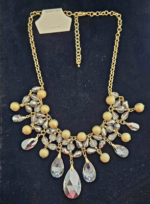 Statement Faceted Smoke Glass Tear Drops Texture Gold tone Beads Necklace, NEW