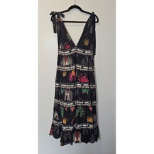 Farm Rio Black Macaw Headdress Midi Dress Embroidered Tiered V-Neck Small
