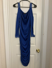 CHICME Women's Blue Ruched Cold Shoulder Cowl Neck Midi Dress L