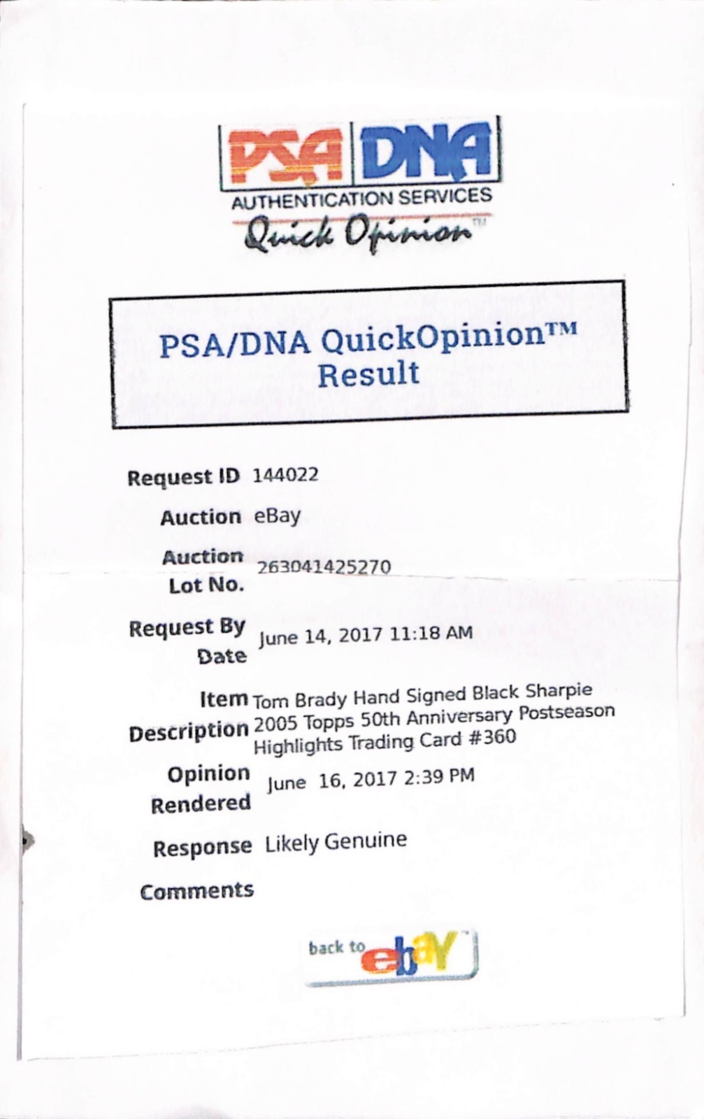 2005 Topps - Tom Brady #360 Auto PSA Authenticated view 4
