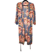 Fashion Nova Floral Belted Wrap Kimono Cover-up Cardigan Gray Multi Large
