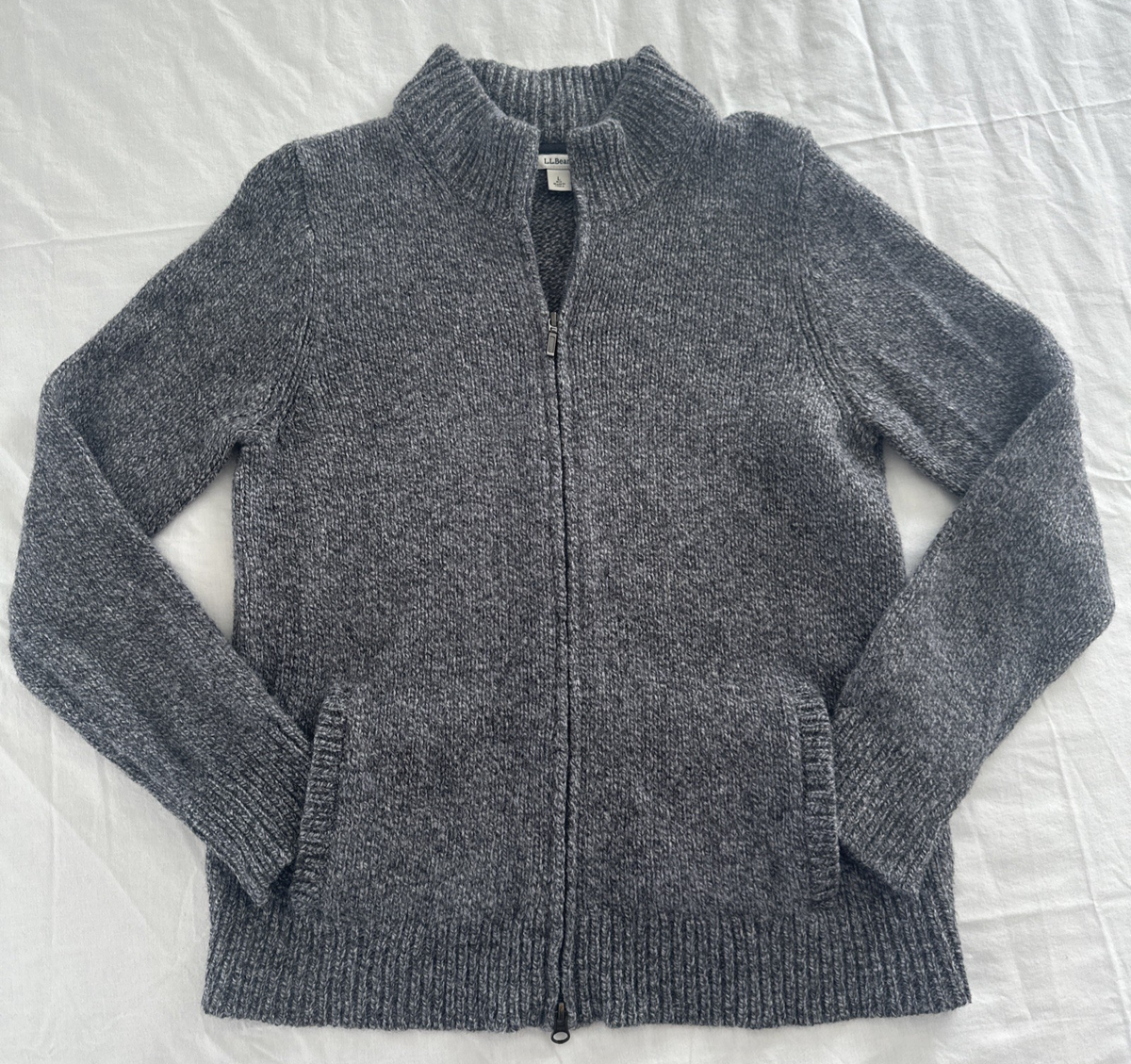 LL Bean 100% Lambs Wool Sweater Mens Large Gray Knit Cardigan Zip 